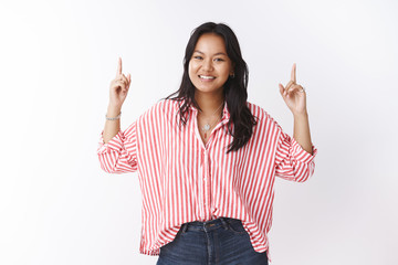 You better lift head up. Portrait of enthusiastic and carefree young asian pretty girl in striped...