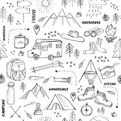 Seamless pattern with hand drawn elements related to hiking, camping and travelling