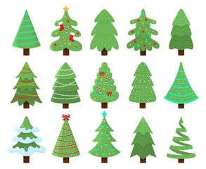 Decorated xmas trees. New Years tree with heralds, striped christmas pine. 2020 winter holidays party green fir with garland decoration. Isolated vector illustration icons set