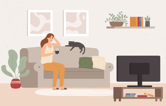Young woman watch TV. Girl lying on couch with coffee mug and watching television show series. Female resting at cozy living room after work and watch movie vector illustration