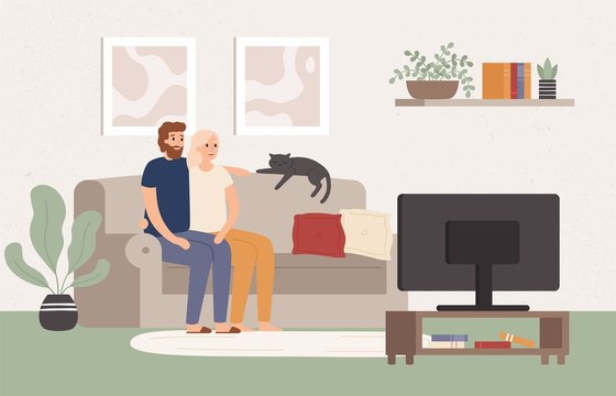 Young couple watch tv together. Happy man and woman sitting on couch and watching television show. Family movie night, lovers character home relax and watch video vector illustration
