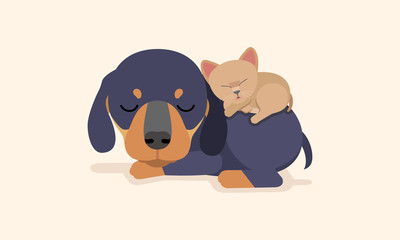 Fototapeta premium Vector illustration of lovely cat and dog sleeping