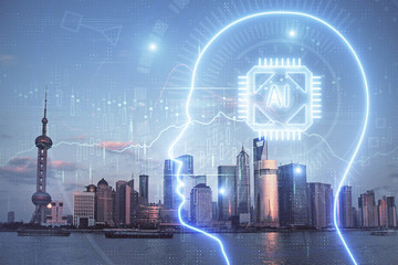 Brain hologram drawing on cityscape background multi exposure. Ai in modern city concept.
