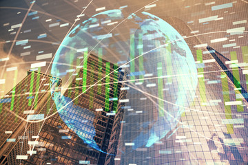 Double exposure of business theme hologram drawing and city veiw background. Concept of success.