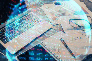 Double exposure of business theme icons and work space with computer background. Concept of success.