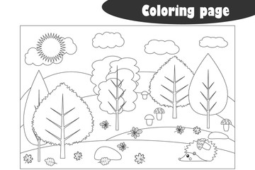 Forest in cartoon style, autumn black white coloring page, education paper game for the development of children, kids preschool activity, printable worksheet, vector illustration - 288298675
