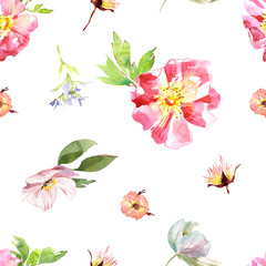 Wedding bridal romanric rustic warm seamless pattern. Hand drawing watercolor pink and purple and orange flowers ornament