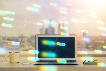 Technology theme drawing and table with computer. Double exposure. Concept of information.