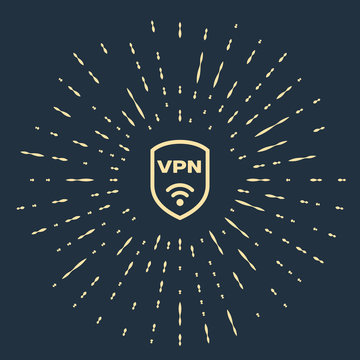 Beige Shield with VPN and wifi wireless internet network symbol icon isolated on dark blue background. VPN protect safety concept. Abstract circle random dots. Vector Illustration