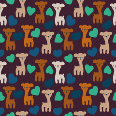 A seamless vector pattern with cute young llamas and hearts on a dark background. Surface print design.