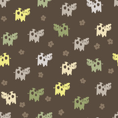 A seamless vector pattern with group of friendly cows on a dark background. Surface print design.