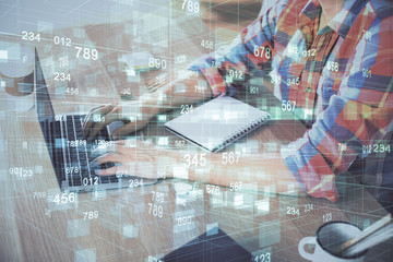 Businessman with computer background with technology theme hologram. Concept of big data. Double exposure.