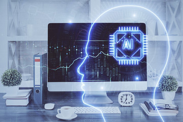 Double exposure of desktop with computer and brain drawing hologram. Artificial intelligence...