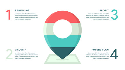 Vector Map Marker for Business infographics concept with 4 options, parts, steps, processes. 16x9 slide clean white template