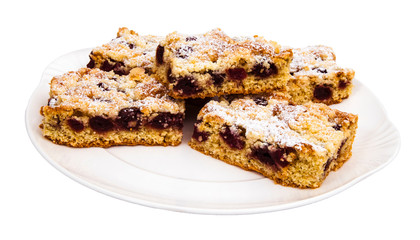 Slice of cherry Crumb cake on a dessert plate