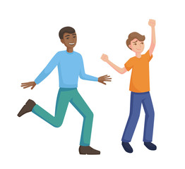 Two teenagers are jumping people dance. Couple young people jumping laughing, smiling. Male together dancing. Vector cartoon illustration