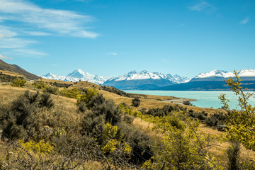 beautiful landscape shot of mount cook and snow covered mountains around in new zealand south island with green countryside in the forground