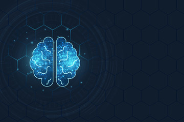 technology concept.vector abstract polygonal human brain shape of an artificial intelligence with line and shadow on dark blue color background