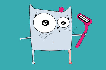 Sketch drawn in vector: cat woman shave hairy legs with a razor in her hands. Illustration before, after