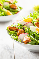 Salad with mixed ingredients pieces of chicken breast egg radish and olive oil