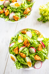 Salad with mixed ingredients pieces of chicken breast egg radish and olive oil