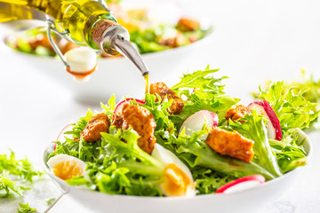 Salad with mixed ingredients pieces of chicken breast egg radish and olive oil