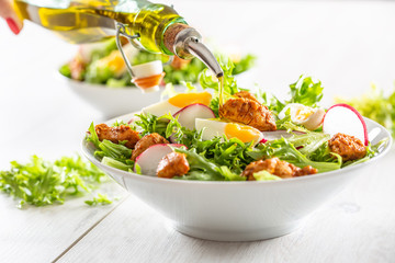 Salad with mixed ingredients pieces of chicken breast egg radish and olive oil
