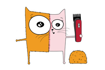 Sketch drawn in vector: cat man with a clipper in his hands, trimmed half his body. Illustration before, after on white isolated background