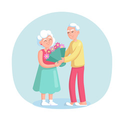 Elderly man gives a large bouquet of flowers to his wife