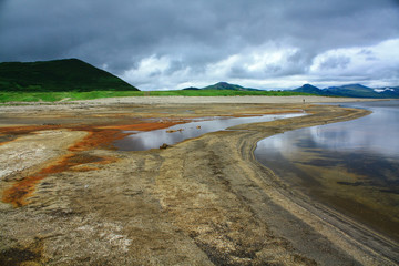 Beatiful lake with sandy beach on Kamchatka