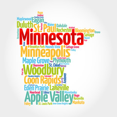 List of cities in Minnesota USA state, map silhouette word cloud map concept