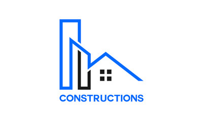 Modern Construction Company Logo: Blue and Black Minimalist Design, Corporate Branding, Real Estate, Building Industry.