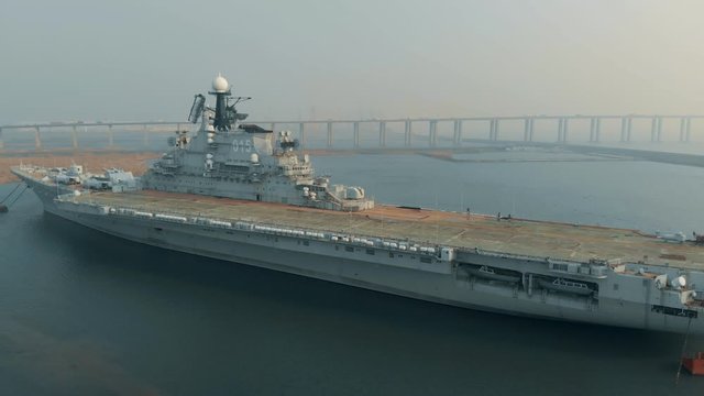 Aerial view over the Minsk, an aircraft carrier that served the Soviet Navy and the Russian Navy from 1978 to 1994. Second Kiev-class vessel to be built it has been a theme park from 2000 to 2016.