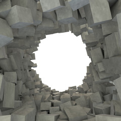 Contemporary abstract background of destroyed concrete cubes. In the middle there is a hole for Your design