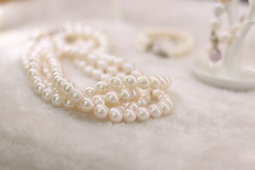 Fototapeta na wymiar White natural japanese pearl necklace on fur background