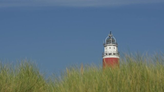 Cinematic 4K UHD view through beach dune marram grass of Lighthouse Vuurtoren Texel with clear blue sky and large copy space - 