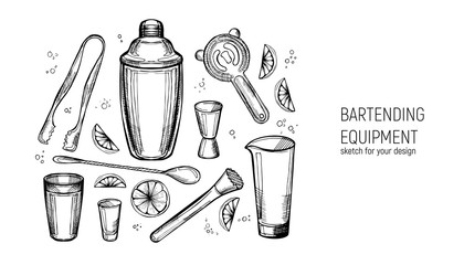 Bartending Equipment set. Shaker, jigger, spoon, mixing glass, muddler, Strainer, ice tongs. Hand drawn sketch.