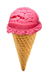 strawberry  ice cream scoop on cone isolated on white background