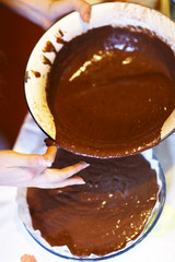 chokolate dough for cake in cooking process with mixer in bowl