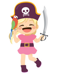 Sweet happy pirate girl with parrot on hand and holding sword