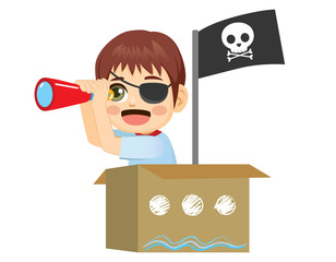 Sailor pirate kid playing holding spyglass on cardboard box ship with black skull flag