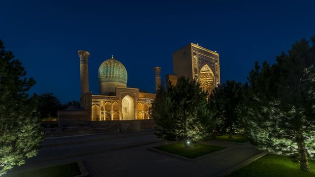 Night to Day Time Lapse of Amir Temur (or Gur-Emir) Mausoleum in Samarkand, Uzbekistan