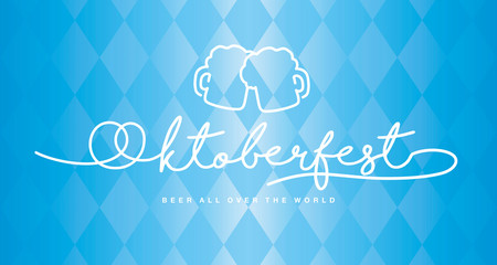 Oktoberfest 2019 pretzel and beer mug handwritten line lettering blue logo banner
