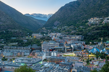 Fototapeta na wymiar Aerial panoramic cityscape view of Andorra La Vella and Escaldes - Engordany, Andorra.