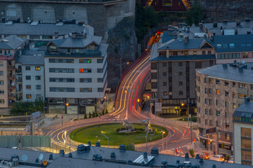 Aerial panoramic cityscape view of Andorra La Vella and Escaldes - Engordany, Andorra.