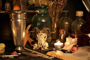 Witchcraft Peacock feathers and candle background.