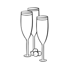 Full champagne glasses hand drawn illustration. Crystal wineglasses with alcohol beverage and olives colouring picture. Drink with appetizer, aperitif. Special occasion celebration outline symbol