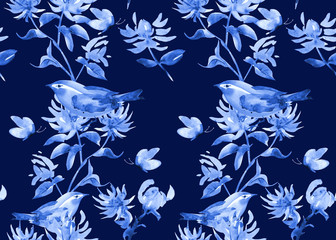 monochrome seamless texture with stylized little birds and flora. watercolor painting