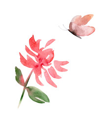 stylized pink flower and butterfly. watercolor painting