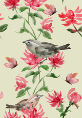 vintage seamless texture with stylized pink flowers and birds. watercolor painting
